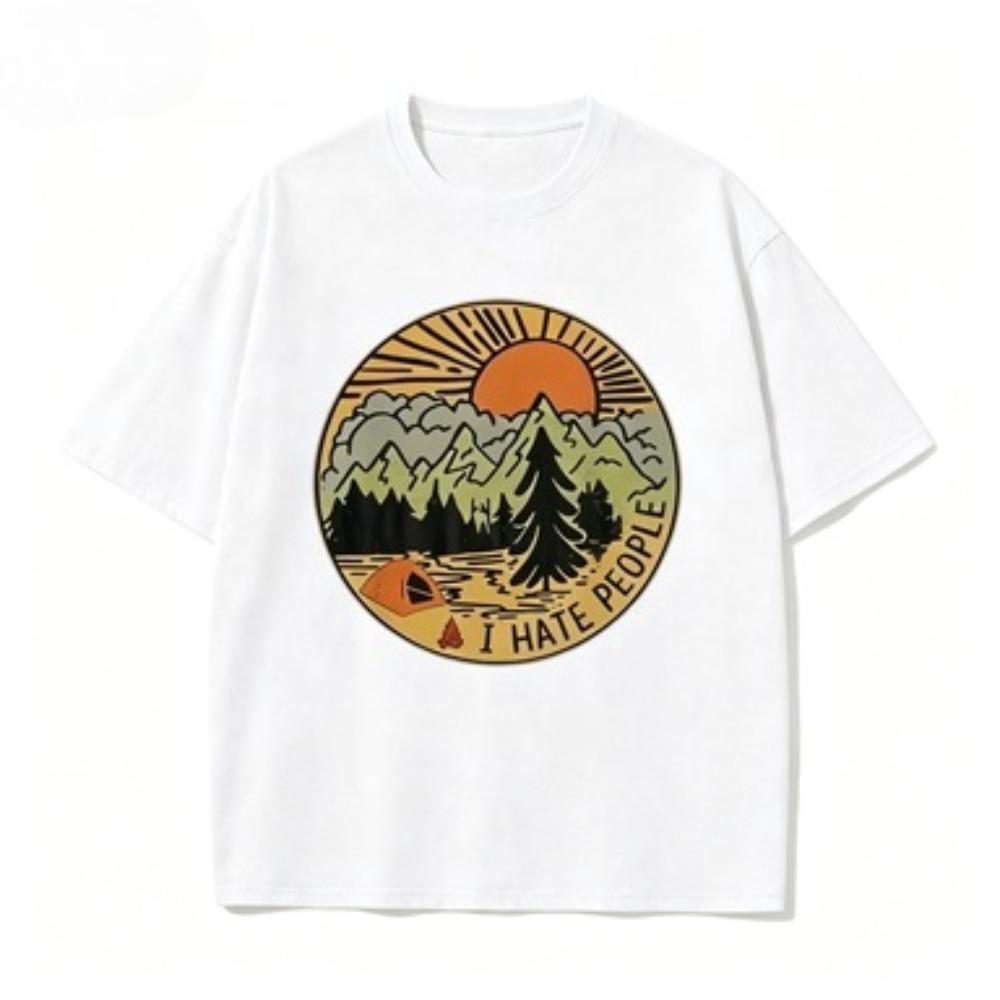 Vintage Sunset Mountain Camping Graphic Tshirt Retro Forest Outdoor Hiking Nature Lover Introvert Oversized Short Sleeve Tee