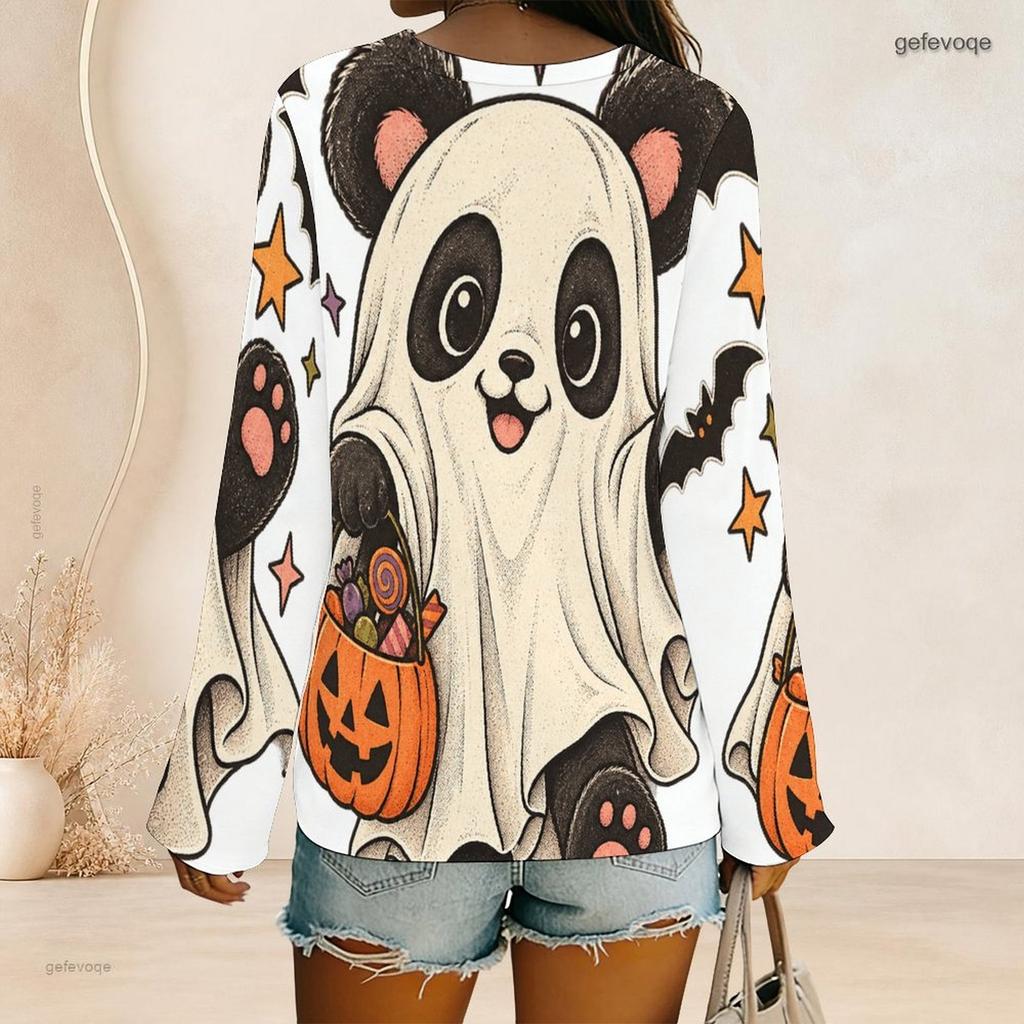 Women Plus Size V Neck Long Sleeve Halloween Panda Ghost Print Top Button Detail Curved Hem