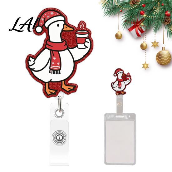 Rotating Clip Name Tag Holder Cute Goose Badge Holder Acrylic Retractable Reel with Glitter Keychain for Scrubs Christmas Theme 360 Degree