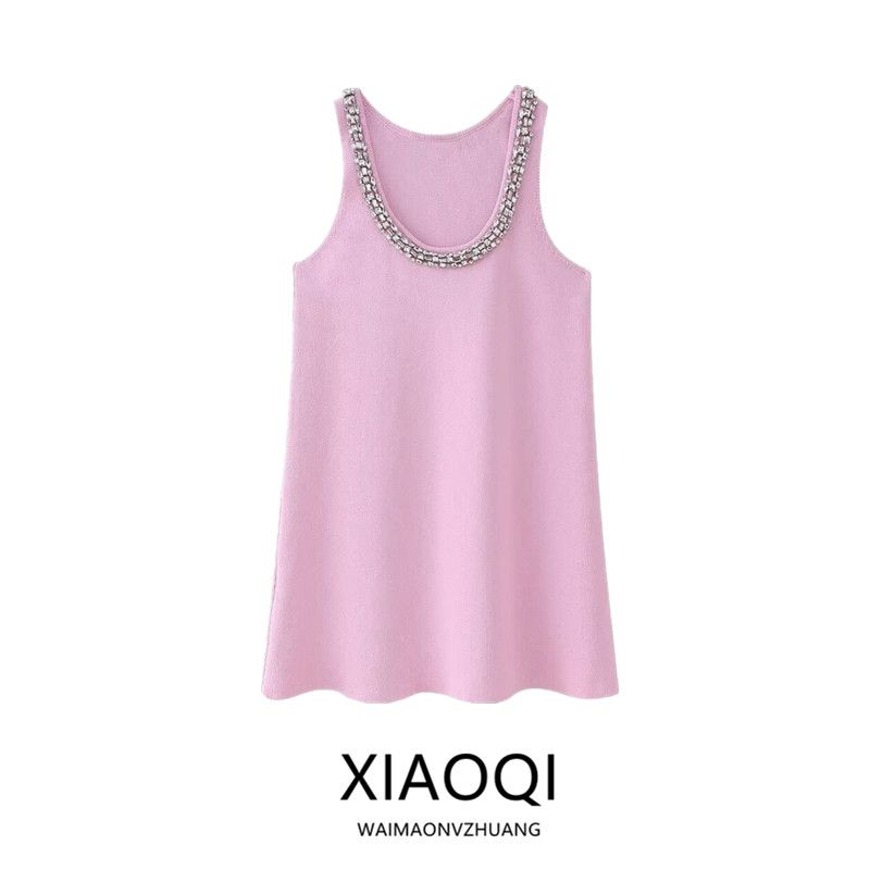Fashion Style 2024 Summer New Arrival Women's Round Neck Sleeveless Jewelry Inlaid Plain Stitch Mini Dress 5755025