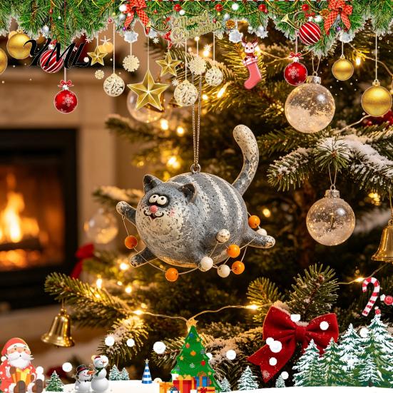 Vintage Style Acrylic Decor Flying Chubby Cat Ornament, 2D Kitten Hanging Pendant with Blue Whimsical Bag Charm Stripe Design, Cute Car Mirror
