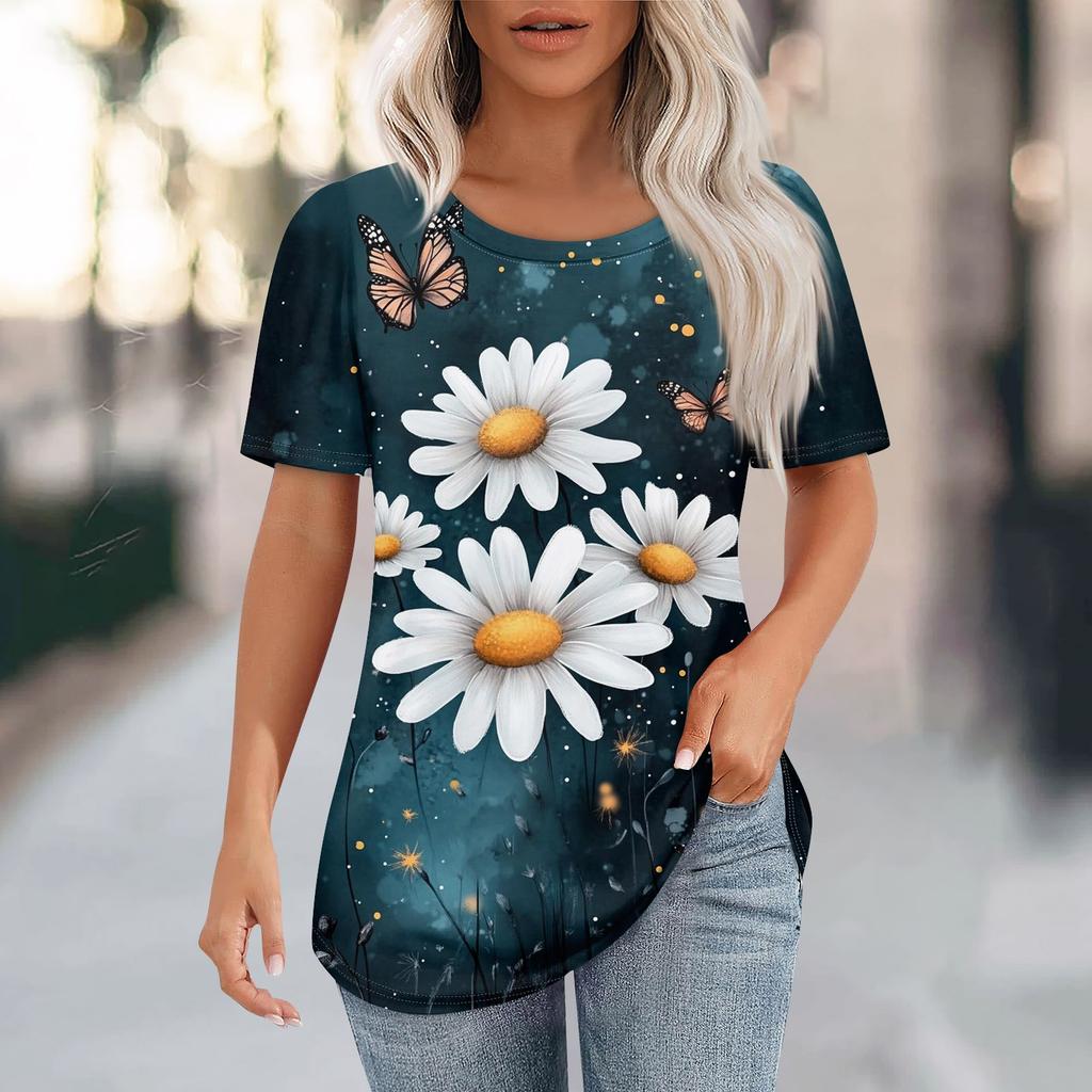 Women's Fashion Casual Floral Print Round Neck Short Sleeve T-Shirt Top