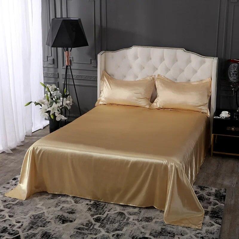 High End Rayon Queen Size Bed Sheet Set Luxury Solid Satin Silky Bedsheet Set High Quality Single Double Sheets and Pillowcase