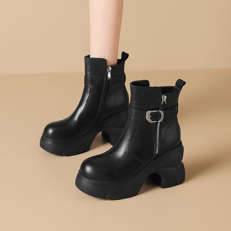 Womens Black Fashion Thick Sole Platform Short Boots Round Toe Chunky Heel Side Zip Motorcycle Fall Winter