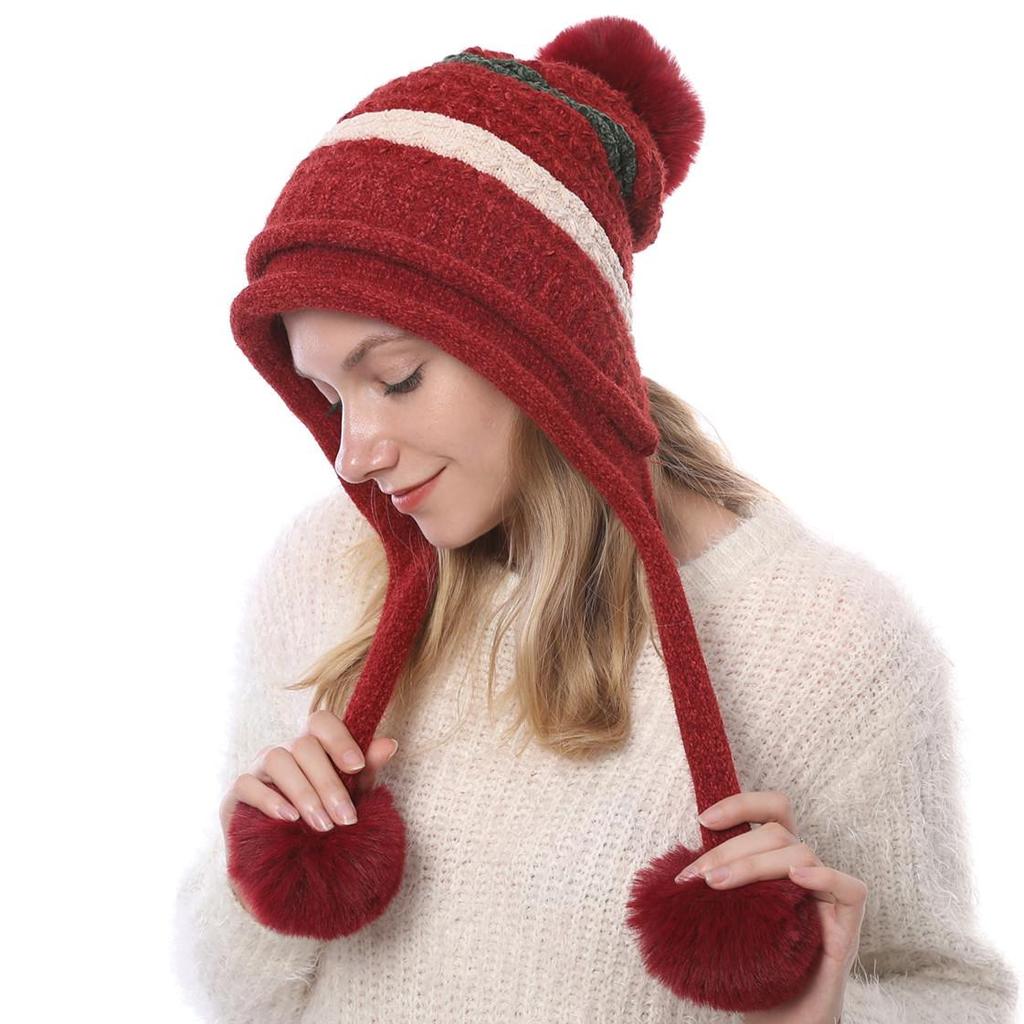 Autumn Winter Plush Warm Three Ball Knitted Hat Chenille Soft Women's Wool Hats EMA