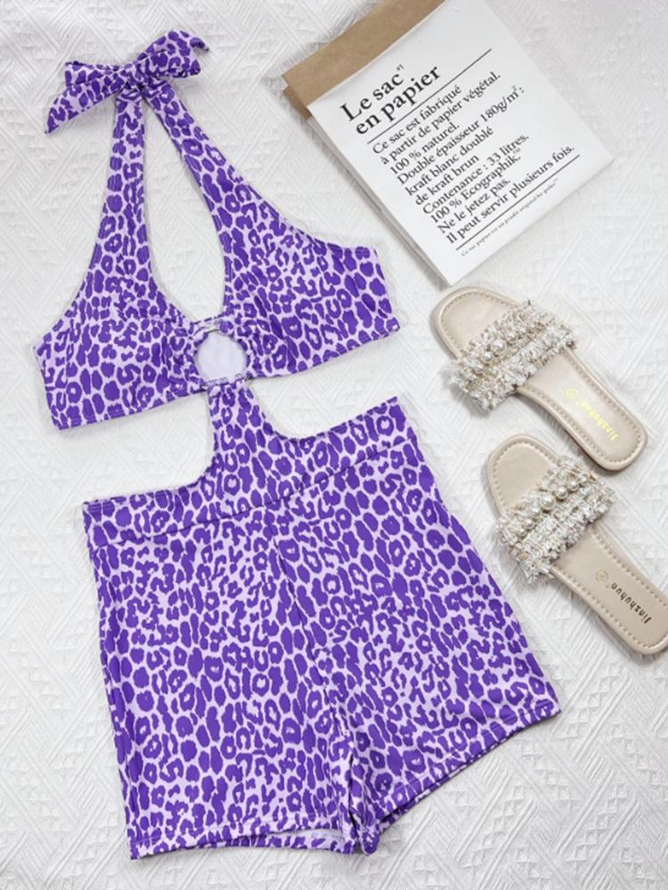 Цельный бикини фиолетовый с леопардовым принтом, пляжная юбка с кольцом, летний женский купальник премиум-класса, пляжный купальный костюм, купальный костюм