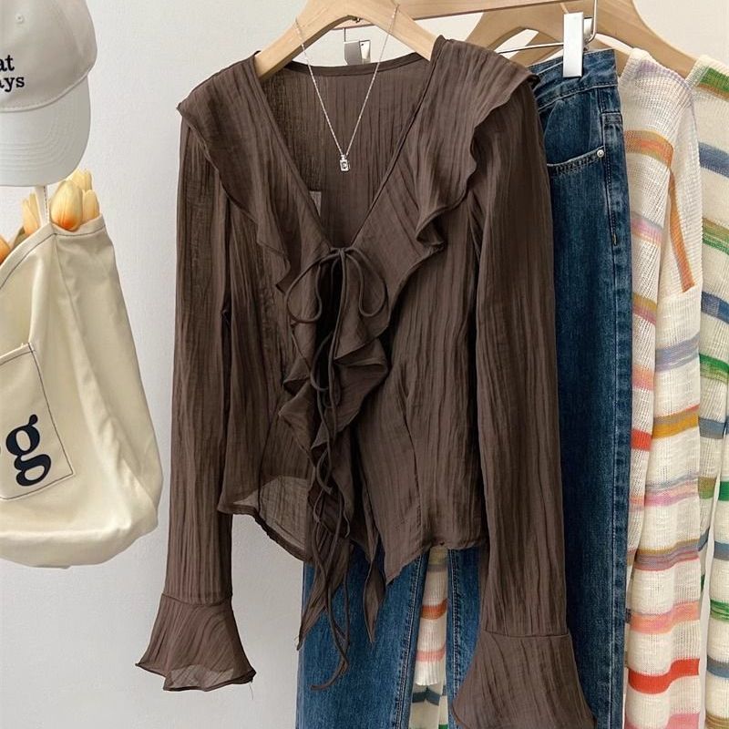 Blouses for Women Ruffled Flared Shirts Elegant Tops Vintage Spring Shirt Thin Coat