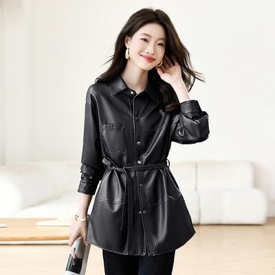 Модная свободная и тонкая кожаная куртка женская средней длины весенне-осеннего дизайна в гонконгском стиле, ретро, с поясом, подчеркивающая темперамент, кожаный тренч