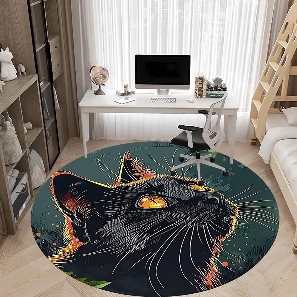1pc Black Cat Office Round Area Rug, Indoor Mat Suitable ForOffice, Under Office Chairs Bedroom Living Room Home Decor, Room Deco D003