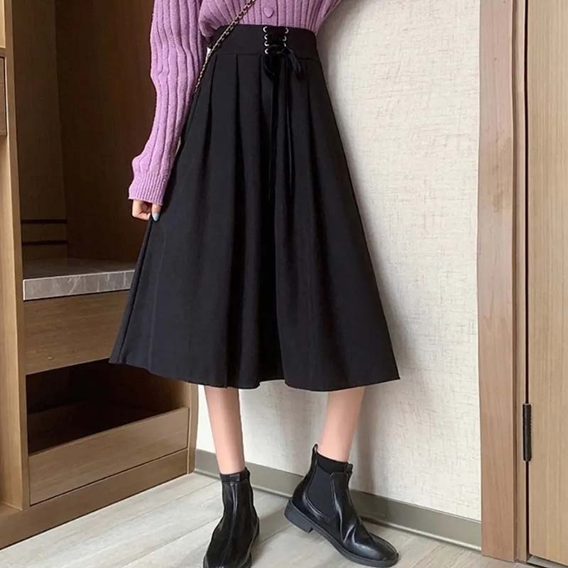 Винтажная женская юбка трапециевидного силуэта с высокой талией, эластичная плиссированная юбка средней длины на шнуровке, весна и осень