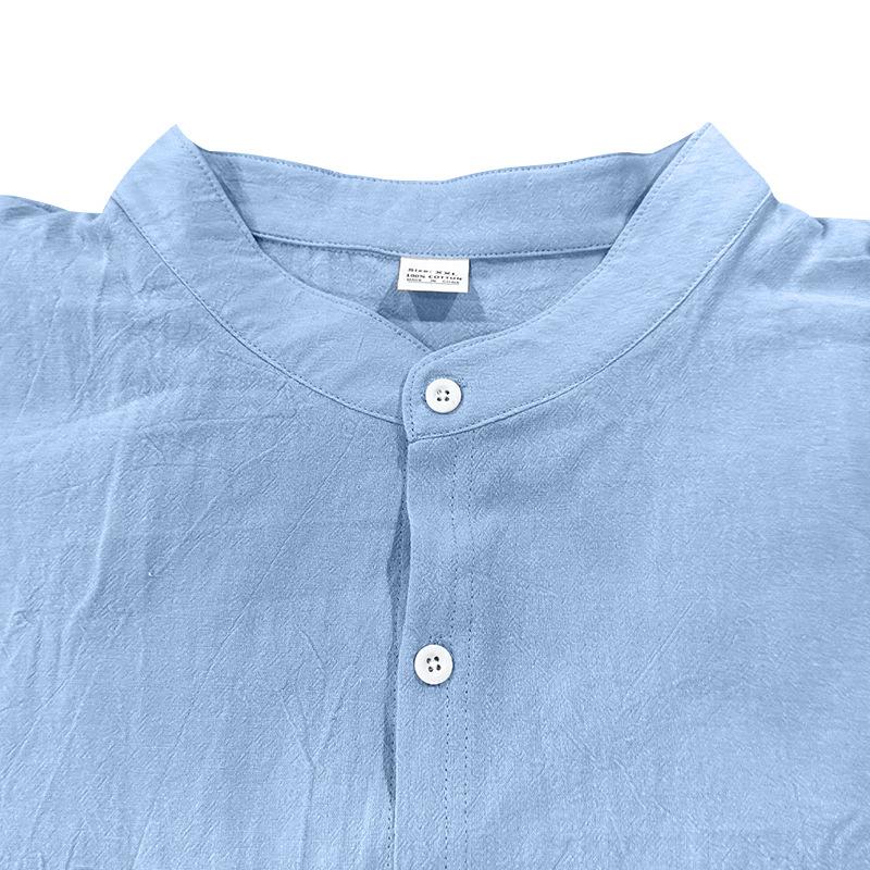 Spring and Summer Linen Shirt Long-sleeved Stand-up Collar Breathable Casual Chinese Pocket Shirt Men