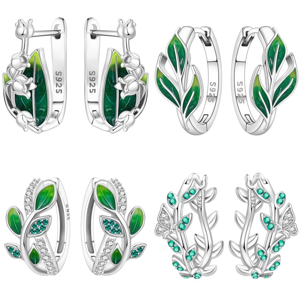 S925 Sterling Silver Green Flowers and Leaves Earrings Hoop Earrings Women Jewelry Original Trendy Anniversary Gifts