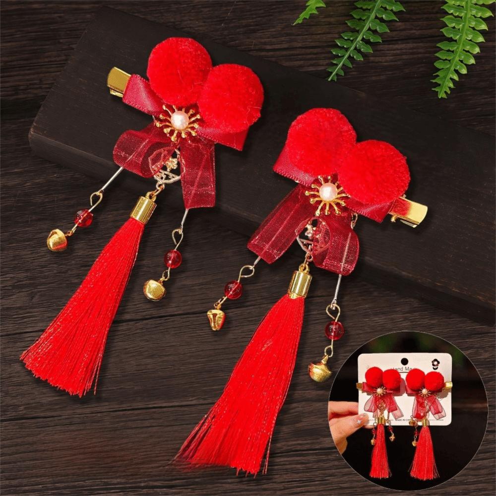 1 Pair Flower Hanfu Red Hair Clips Pearl Bow Tassel Hairpin New Year Headwear  Children