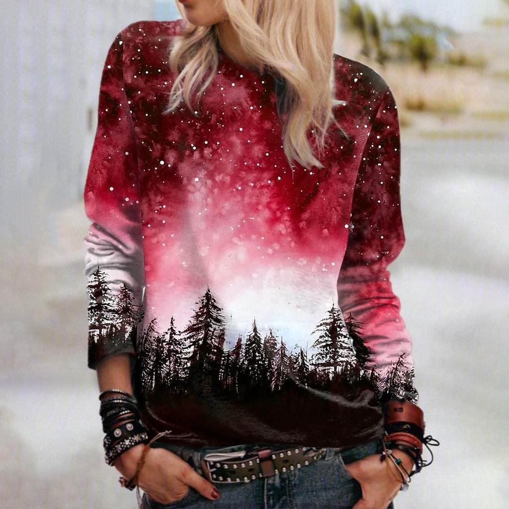 Women Autumn Tops Loose Cat Beautiful Forest Print Causal Long Sleeve T-shirt Top Blouse