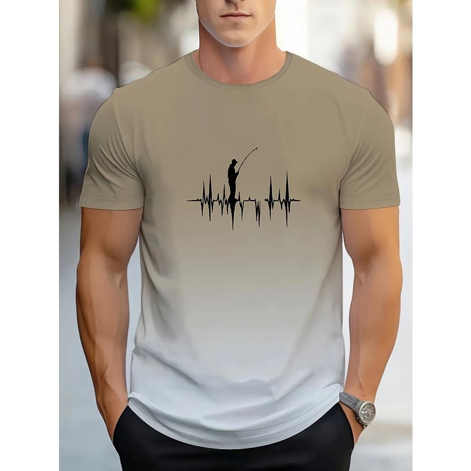 Яркий стиль| Футболка с градиентным рыболовным принтом для мужчин больших и высоких размеров - Повседневная полиэстеровая футболка с коротким рукавом, Летний принт с рыболовной экипировкой и сердцебиением, БОЛЬШОЙ РАЗМЕР