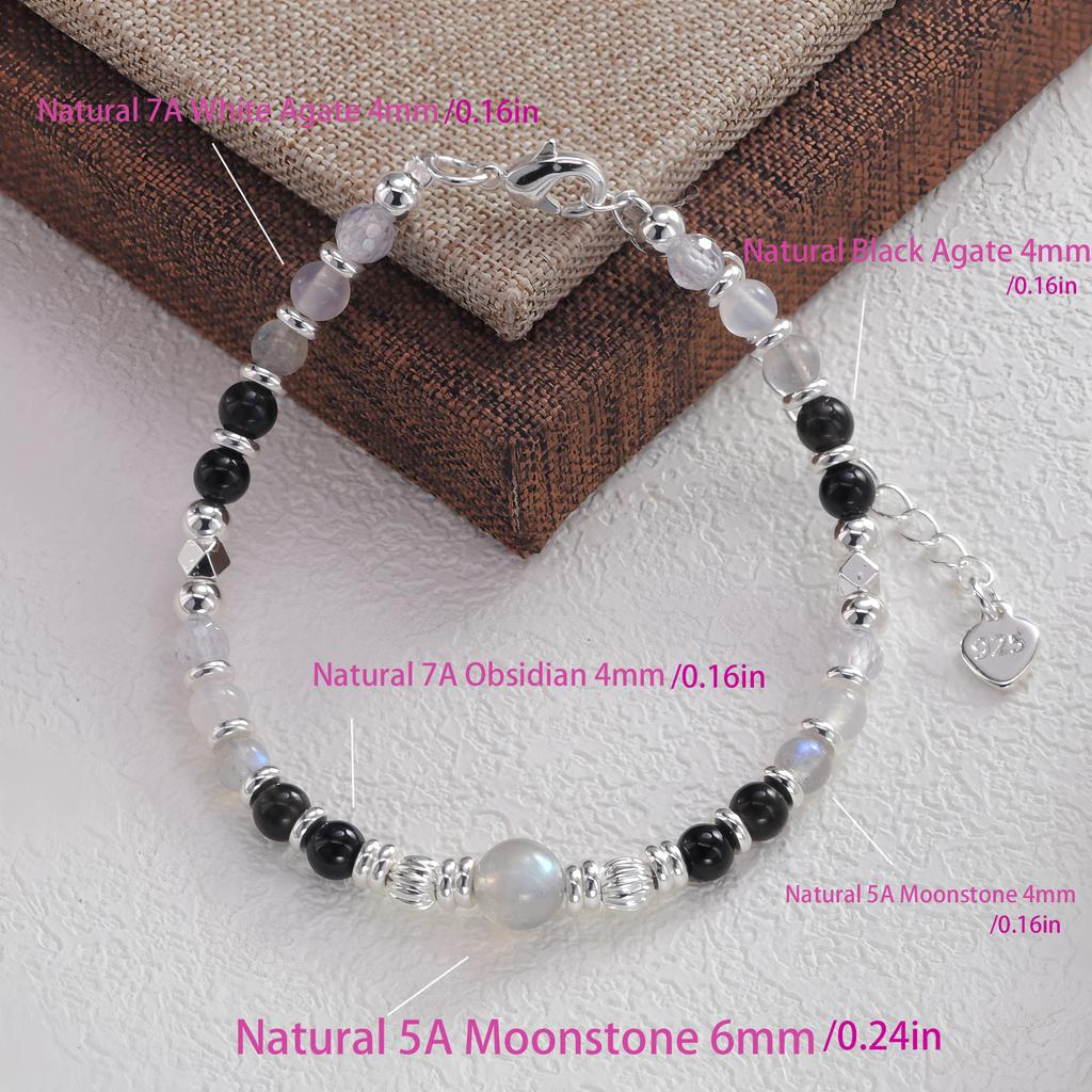 VENTFILLE 925 Sterling Silver Bracelet For Women Natural 8mm Moonstone Black Agate Beads Spiritual New Beginnings Peace