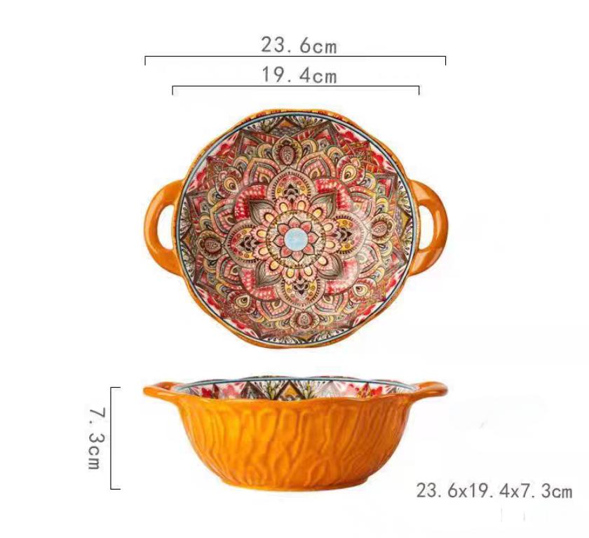 Керамическая суповая миска в богемном стиле с ручкой, безопасна для использования в микроволновой печи, рельефный дизайн. Отлично подходит для подачи супов, салатов и лапши рамэн.