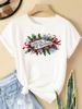 (Asian Size) New Year T Clothing Short Sleeve T-shirts Print Merry Christmas Flower Lovely Trend O-neck Women's Top Fashion Holiday Graphic Tee
