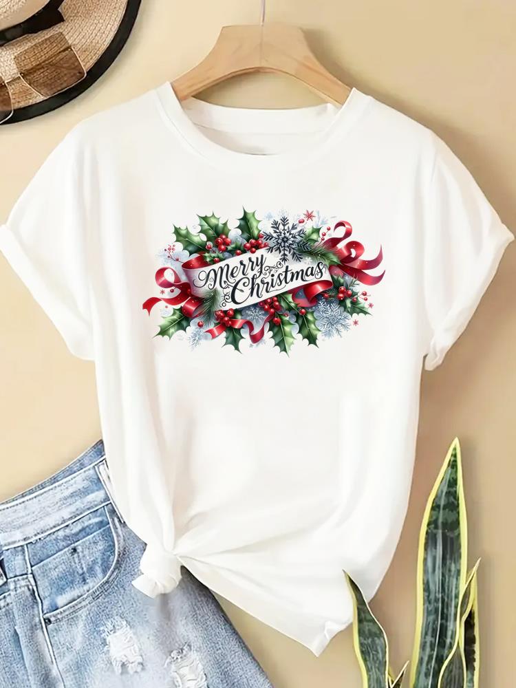 (Asian Size) New Year T Clothing Short Sleeve T-shirts Print Merry Christmas Letter 90s Trend Cute O-neck Women's Top Fashion Holiday Graphic Tee
