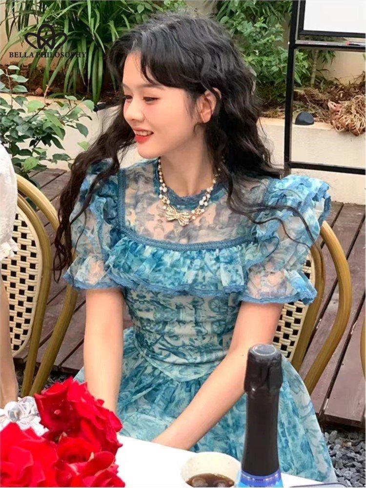 Французское винтажное сетчатое платье с рукавами-фонариками, летнее дворцовое платье принцессы, синее вечернее платье, платье для дня рождения, женское платье для выпускного вечера