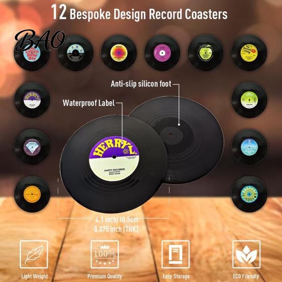 Non-slip Solid Wood Cup Mats Retro Elk/Vinyl Record Coasters, Decorative Wooden Mats, Insulated Table Natural Decor for Home Office Mat, Non