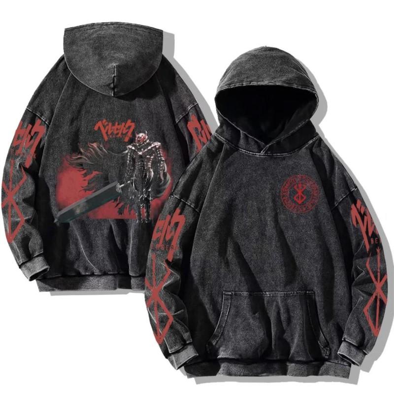 Harajuku Аниме Berserk Guts Print Hooded Men Women Vintage Manga Hoodies Plus Size Streetwear Male Cotton Classic Sweatshirt