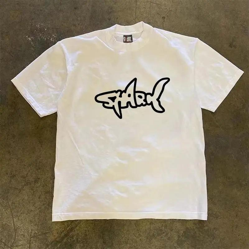 Men White Shark Graffiti Print Crew Neck Oversized T Shirt