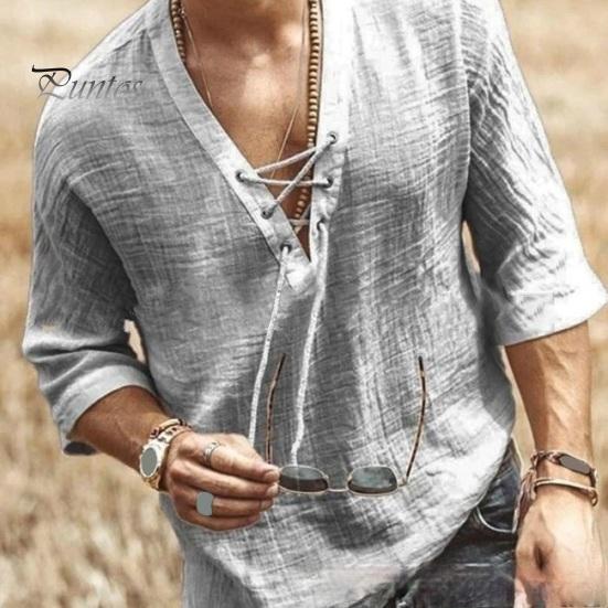 Летняя мужская рубашка на шнуровке с V-образным вырезом и средними рукавами, свободный однотонный пуловер в стиле ретро, ​​повседневная одежда, быстросохнущий тонкий повседневный топ средней длины