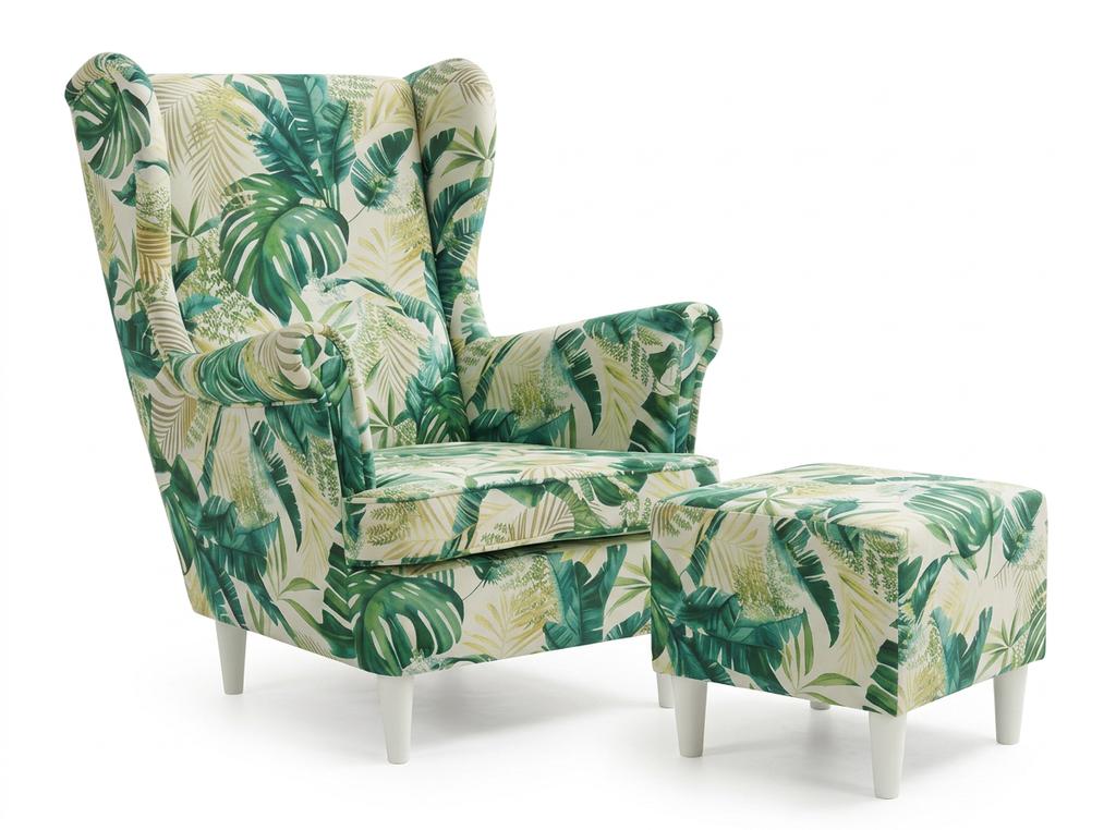 Ohrensessel Print mit gemustertem Bezug und Fußhocker im skandinavischen Stil – Family Meble
