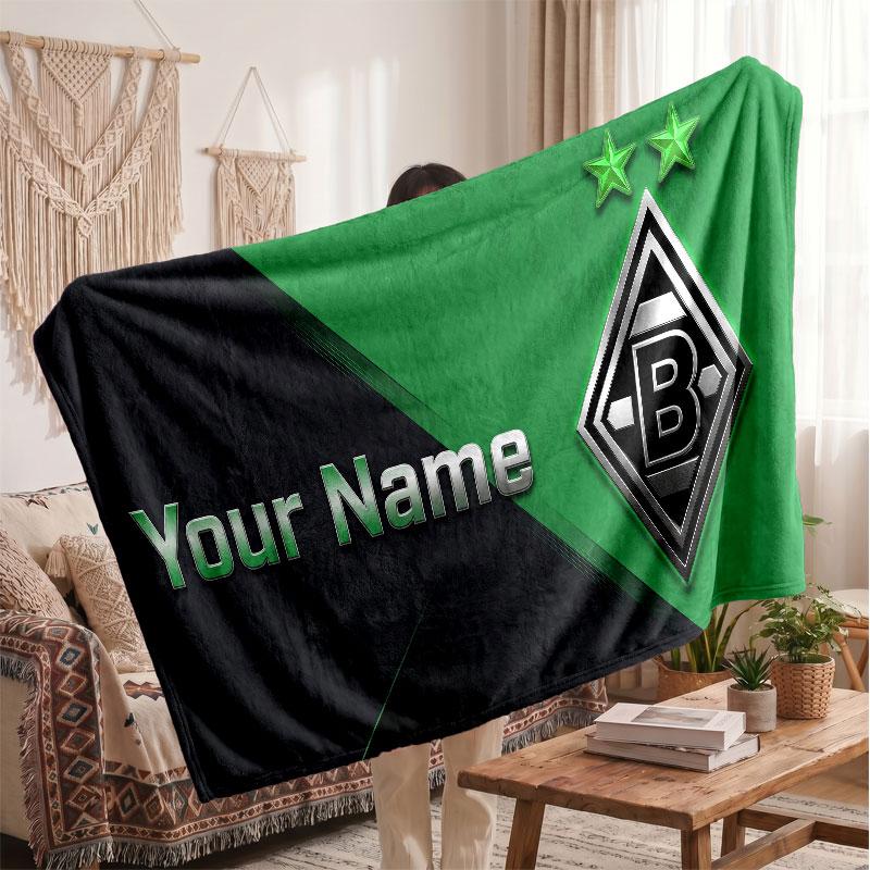 Borussia Mönchengladbach Personalized Fleece Blanket With Football Logo, Custom Name Text Soft Warm Home Throw Blanket