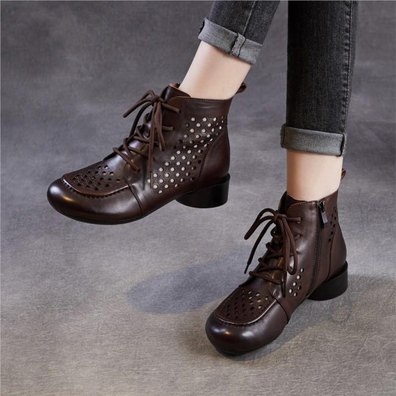 Johnature Женские ботинки из натуральной кожи в ретро-стиле на толстом каблуке с вырезами, низкий каблук, дышащие