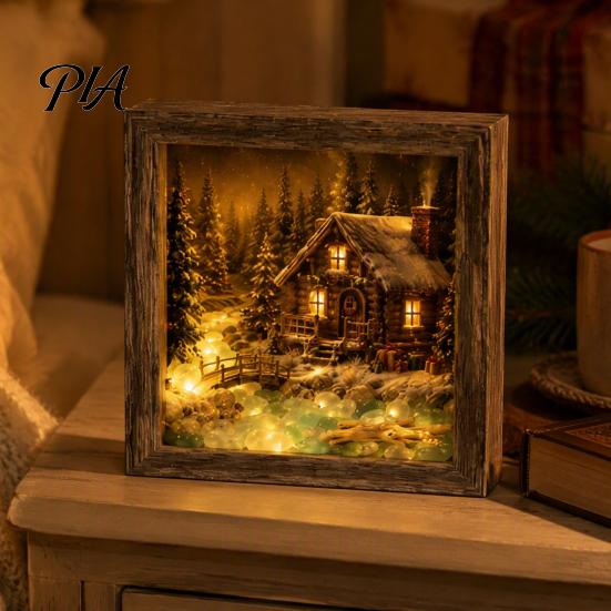 Bedside Ambient Light Christmas Sea Glass Shadow Box Night Light, 3D Winter Snow Scene Wooden Retro Style Wall Decor Art Frame with LED Warm