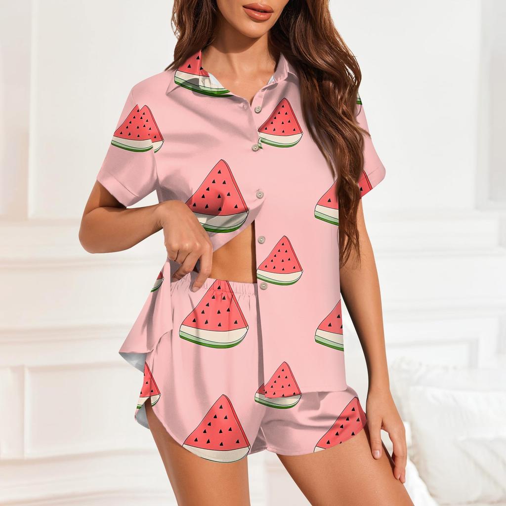 Женская шелковая пижама с пуговицами, домашняя одежда, принт со звездами, короткий рукав, атласный пижамный комплект из 2 предметов