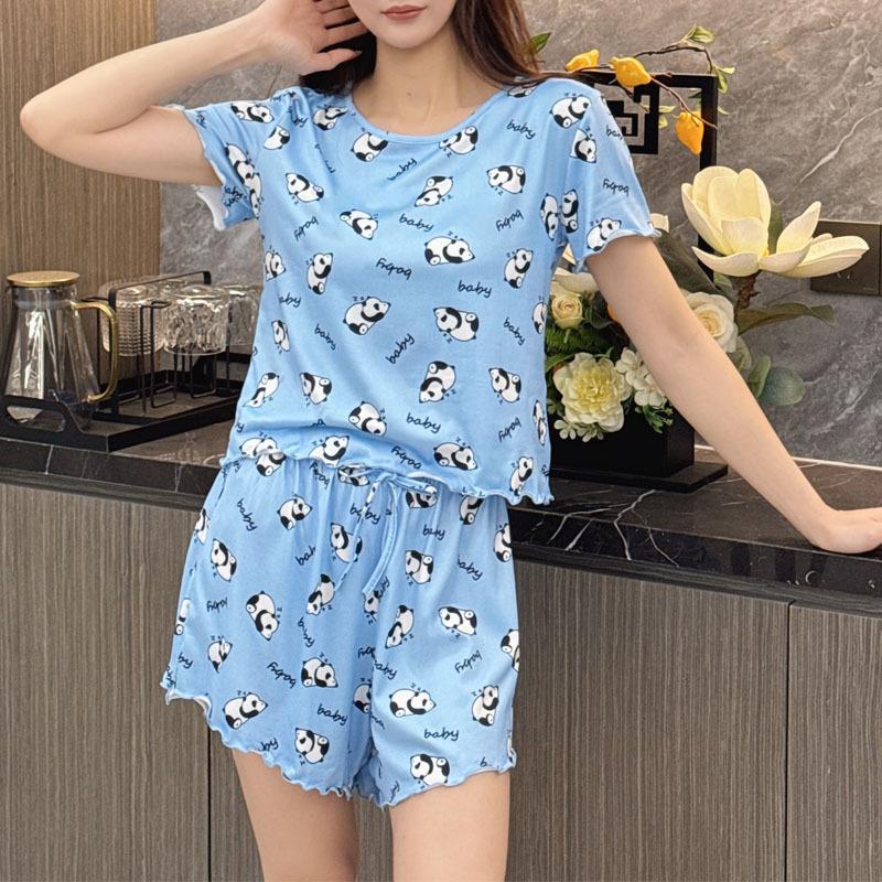 2025 Летний женский пижамный комплект с укороченным топом и шортами с круглым вырезом, тонкая пижама из 2 предметов, пижама для девочки, забавный мультяшный принт, молодежная домашняя одежда
