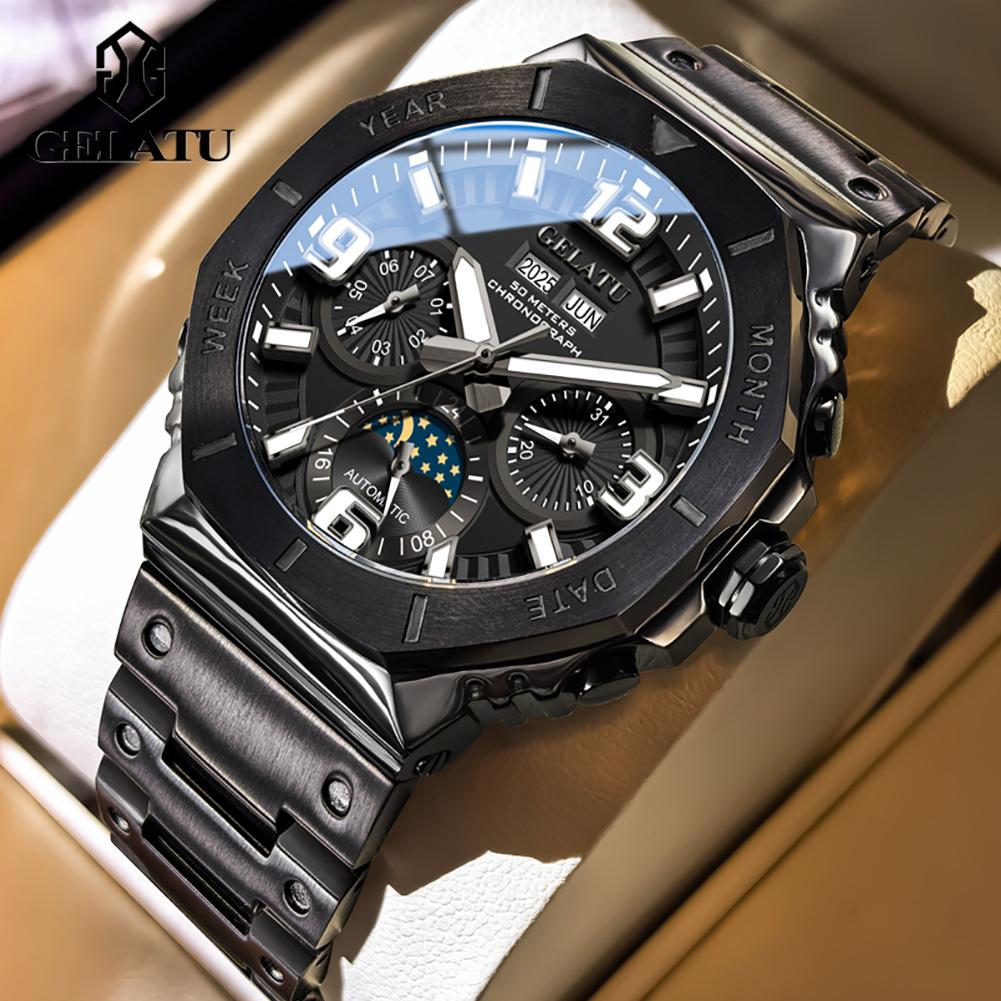 GELATU 6030 Watches Man Top Luxury Business Mechanical Watches For Man Big Dial Moon Phase 50M Waterproof Watch Gifts Box