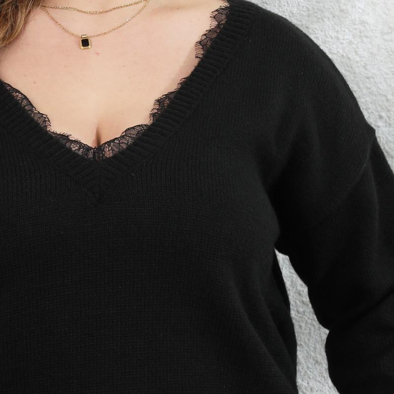 Women's Autumn and Winter Woven Large Size Lace Splicing V-Neck Pullover Sweater