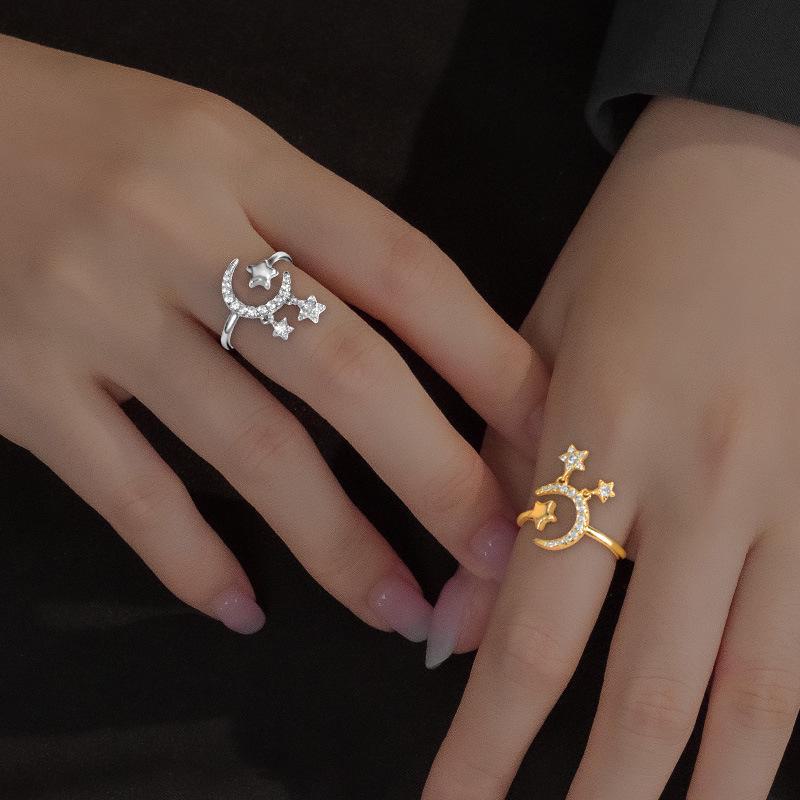 Кольцо Banyan Tree S925 Silver Diamond Star and Moon Tassel Ring - Trendy Open Style для женщин