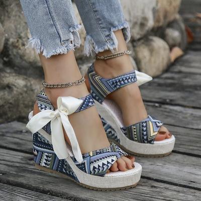 Женские босоножки на платформе и клиновидном каблуке, новые весенне-летние, с открытым носком, с бантом, разноцветные