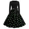 Women's Casual Halloween Print Dress Long Sleeve Round Neck Retro Vintage Style Midi Dress with Waist Tie for Everyday Wear