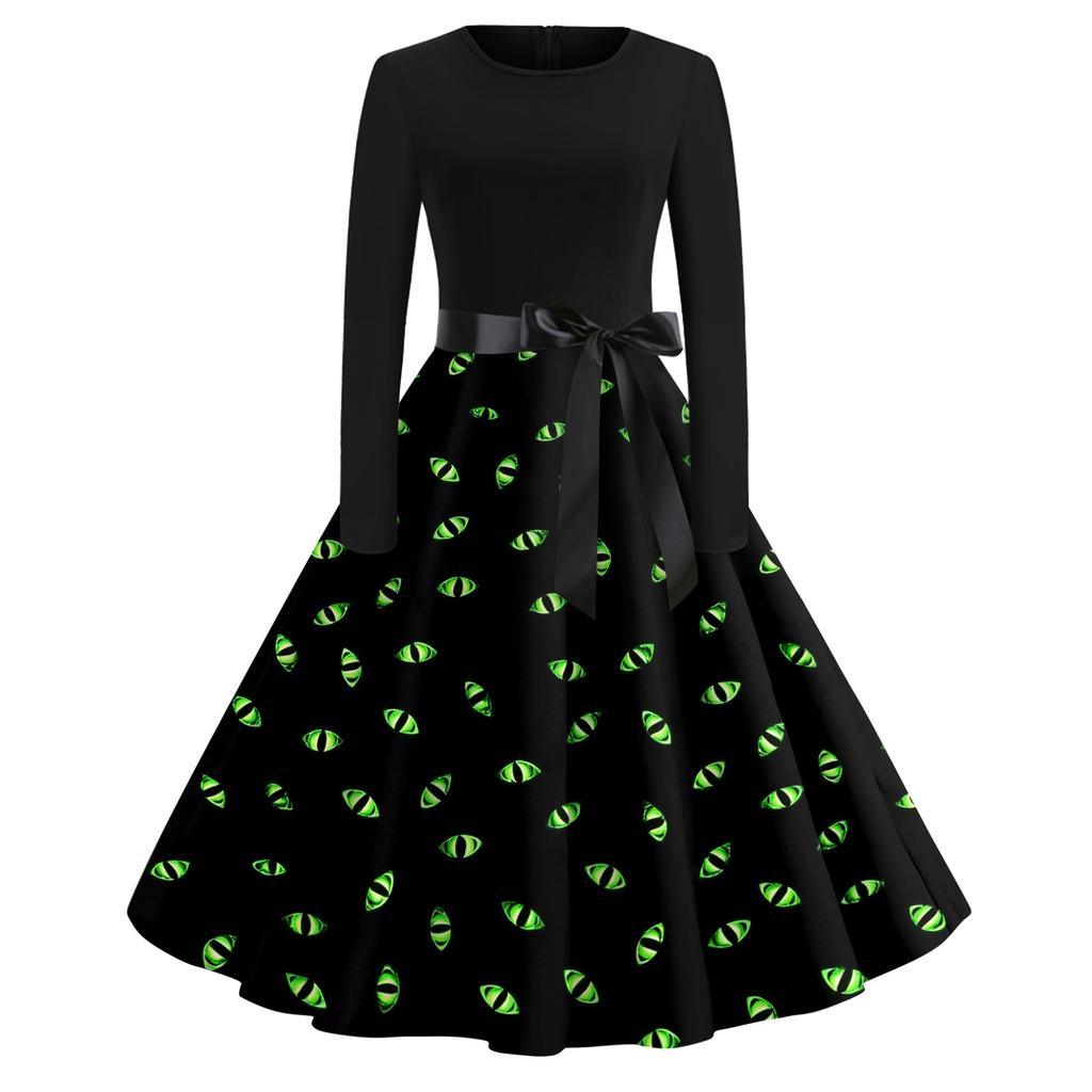 Women's Casual Halloween Print Dress Long Sleeve Round Neck Retro Vintage Style Midi Dress with Waist Tie for Everyday Wear