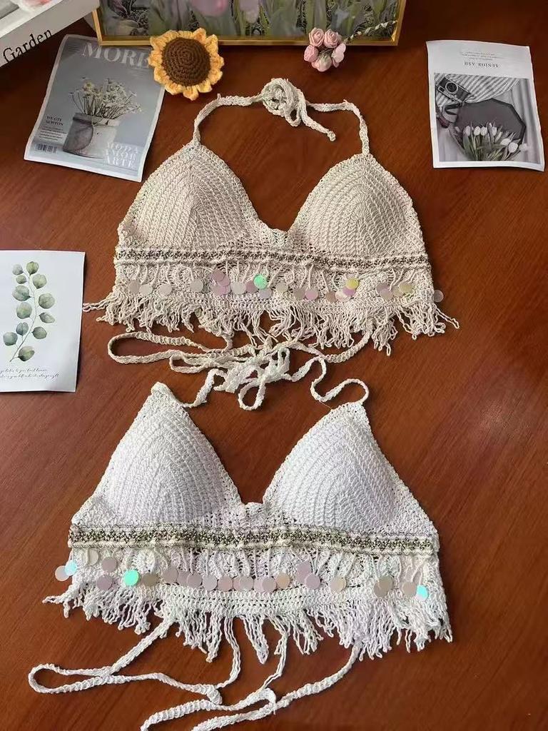 Новый ажурный вязаный крючком маленький топ-майка женский для отпуска в горячих источниках пляжный бикини универсальный ремешок на шею нагрудная подушечка жилет