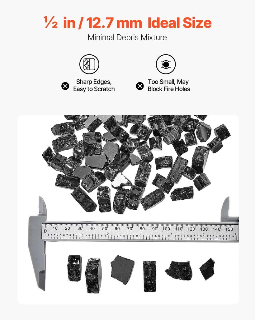 VEVOR Fire Glass, 20 LBS / 9.0 KG High-Temperature Resistant Fireplace Rocks, 1/2-Inch / 12.7 mm Reflective & Smokeless Firepit Glass Rock