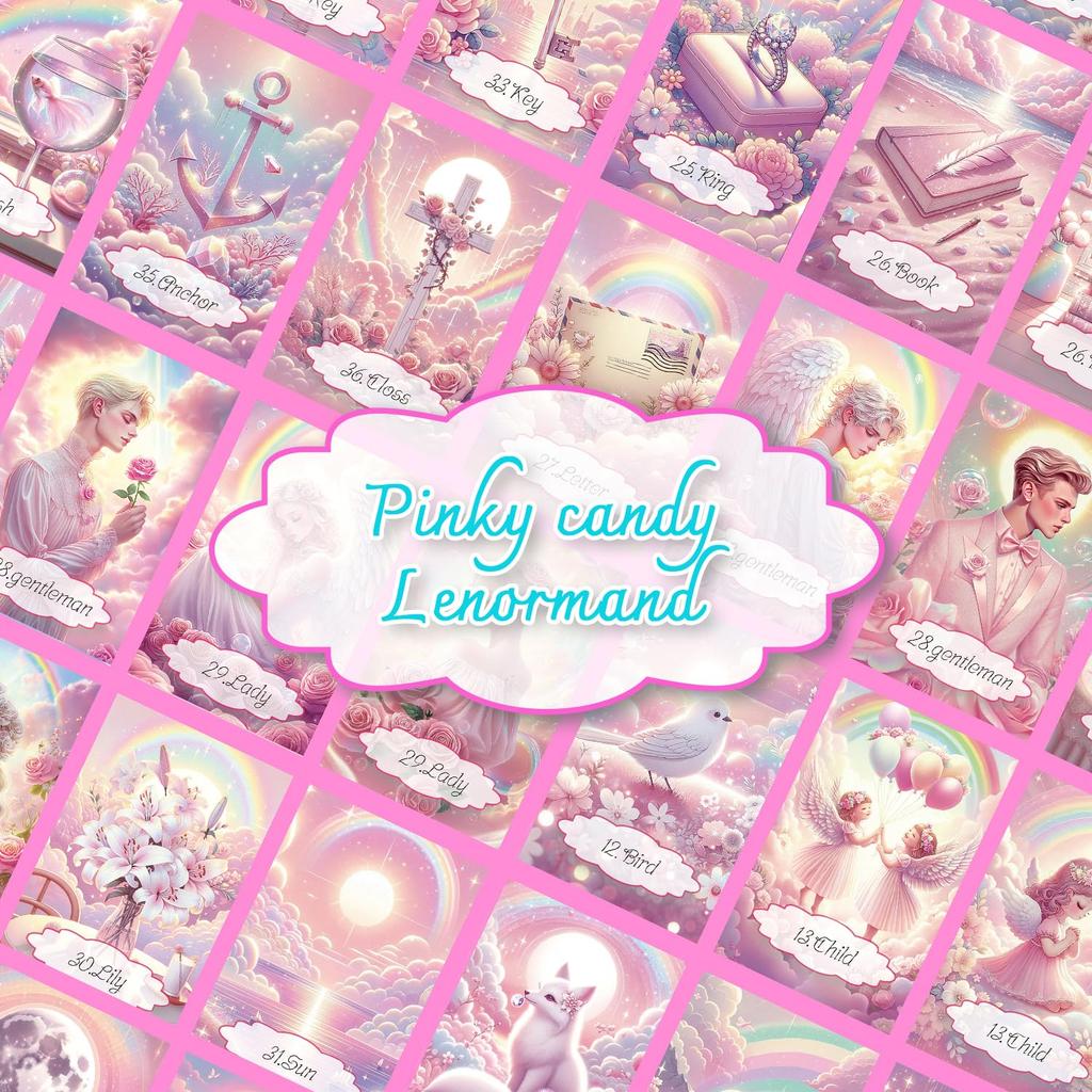 [Officially Imported, Limited Quantity] Pinky Candy Lenormand | Lenormand Cards, 48-Piece Set [Includes Drawstring Pouch] | 56 X 87mm Black Cardstock