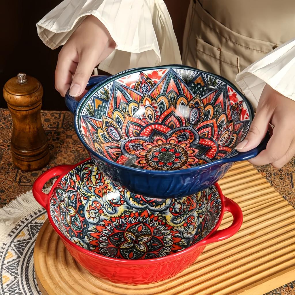 Керамическая суповая миска в богемном стиле с ручкой, безопасна для использования в микроволновой печи, рельефный дизайн. Отлично подходит для подачи супов, салатов и лапши рамэн.