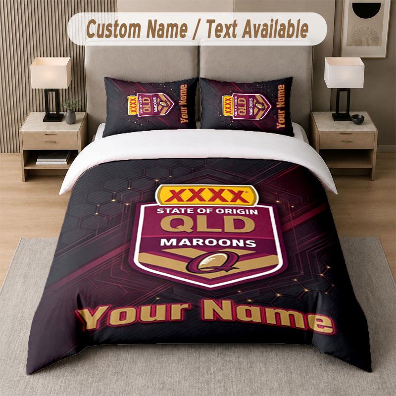 Custom Bedding Set Queensland Maroons Pattern, Print Name Text 1 Duvet Cover plus 2 Pillowcases Home Textile