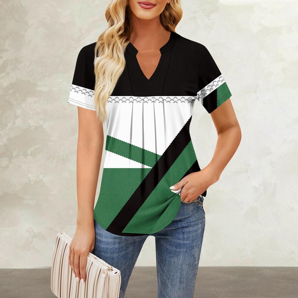 Women's Short Sleeve Casual V-neck Chest Pleated Printed Loose T-shirt Top