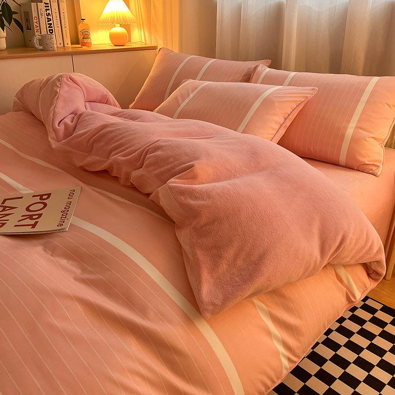 Комплект из четырех предметов из молочного флиса, простыни из стираного хлопка, утолщенный флис, простой полосатый комплект из трех предметов для общежития
