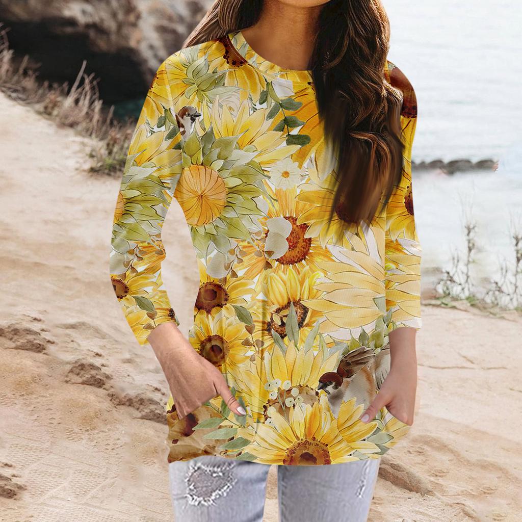Women's Fashion Casual Round Neck Print 3/4 Sleeve Pocket T-Shirt Top