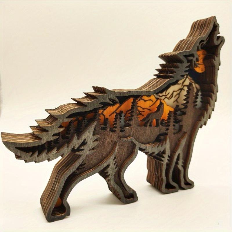 1Pc Christmas Decoration Wooden Hollow Animal Carving Handcraft Wall Hanging Sculpture 3D Wolf Art Decor New Year Ornament