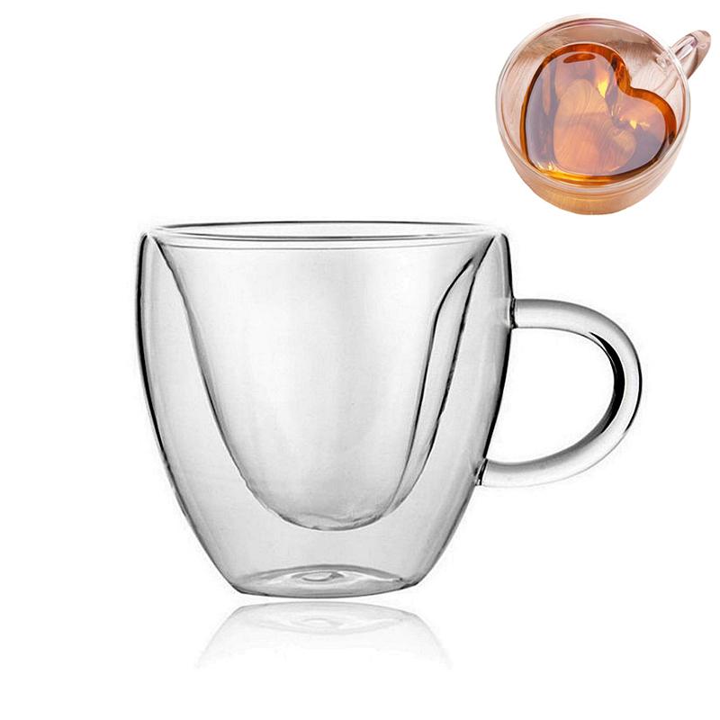 Heart Love Shape Glass Cup Double Wall Coffee Mug with Handle Anti-scald Heart Drinking Tea Milk Juice Water Cup Lover Gift